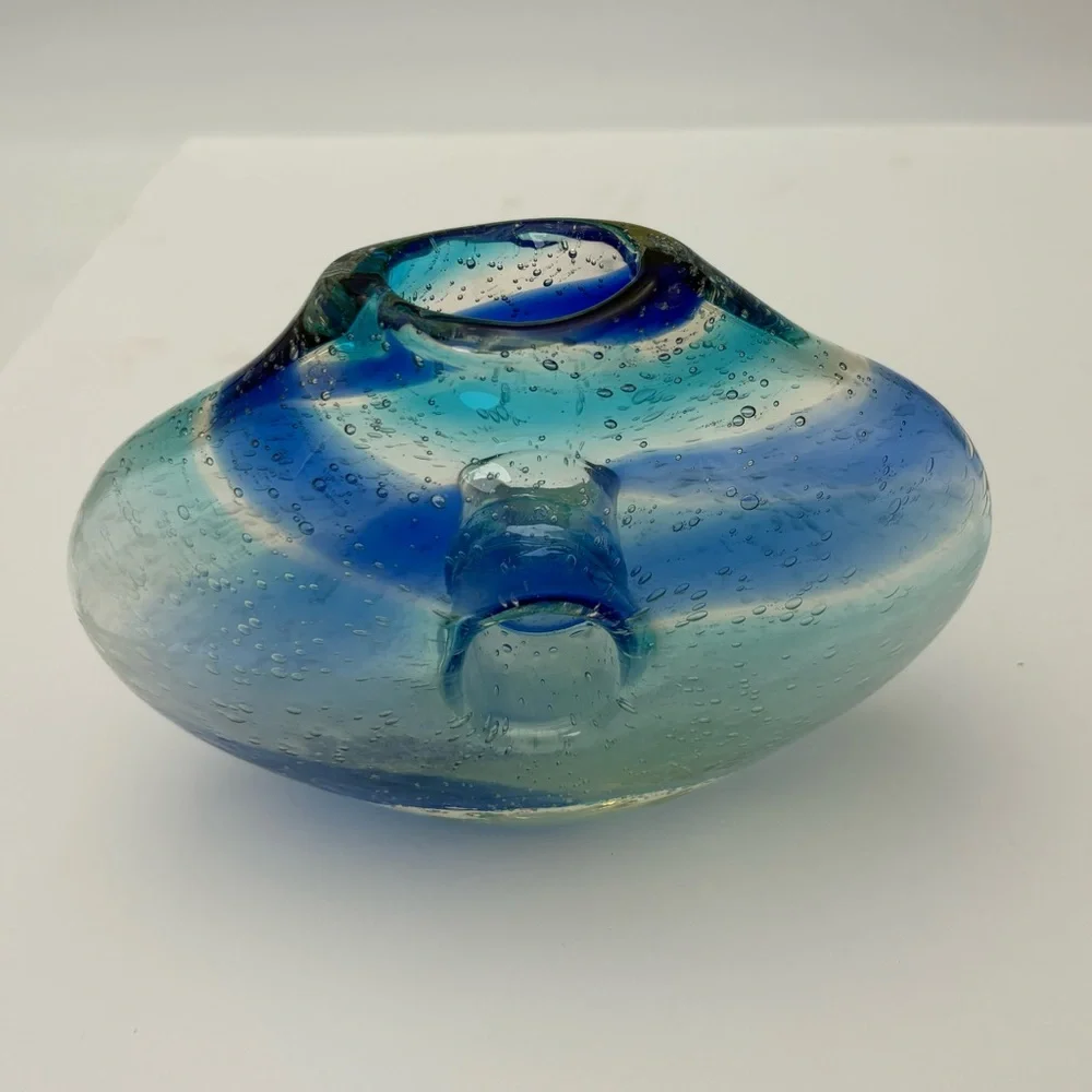 Vintage Blue and Clear Swirl  Glass Donut Vase - Picture 2 of 16